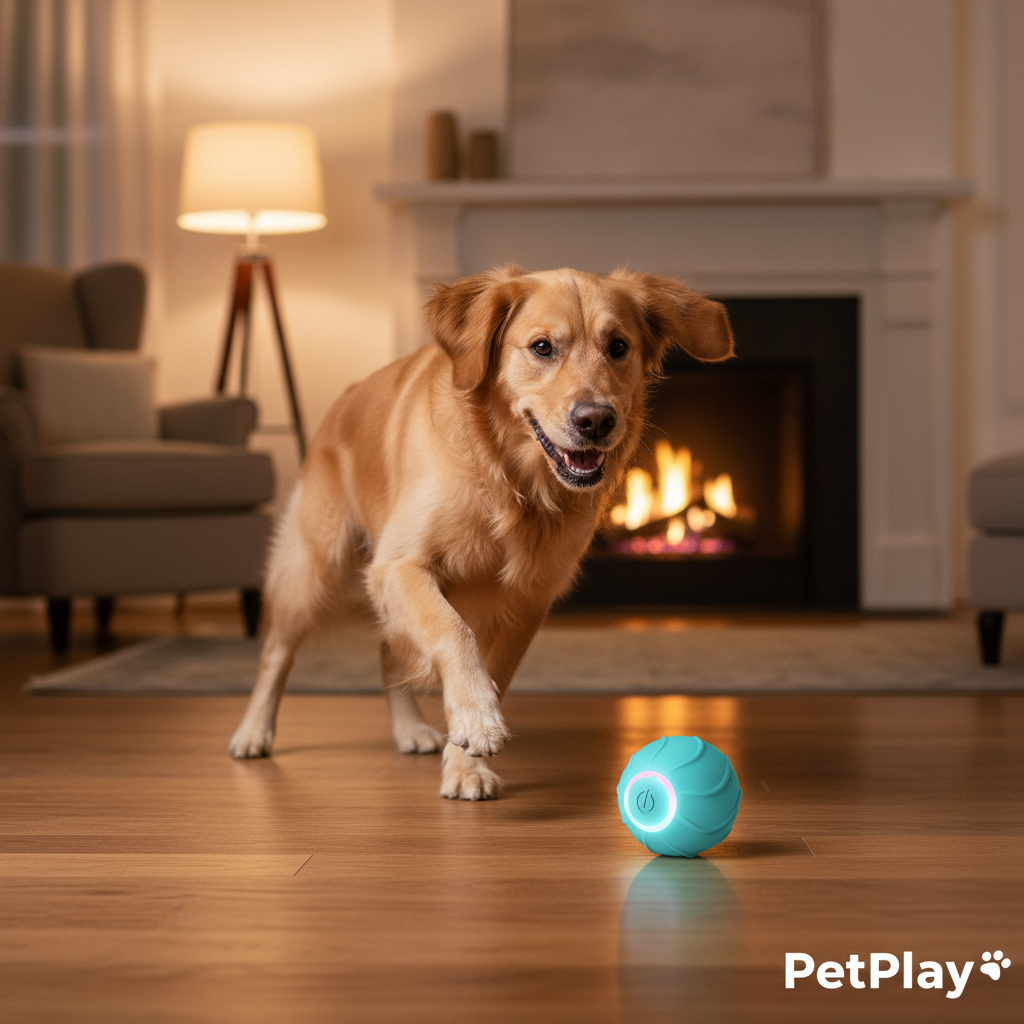 Cão a brincar com a Bola Inteligente PetPlay™ LED